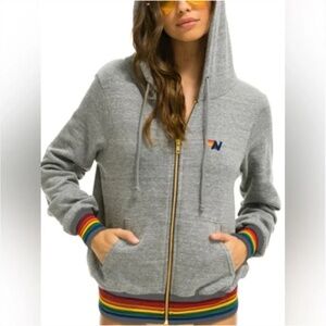 Aviator Nation Rainbow Rib Zip Hoodie Gray S